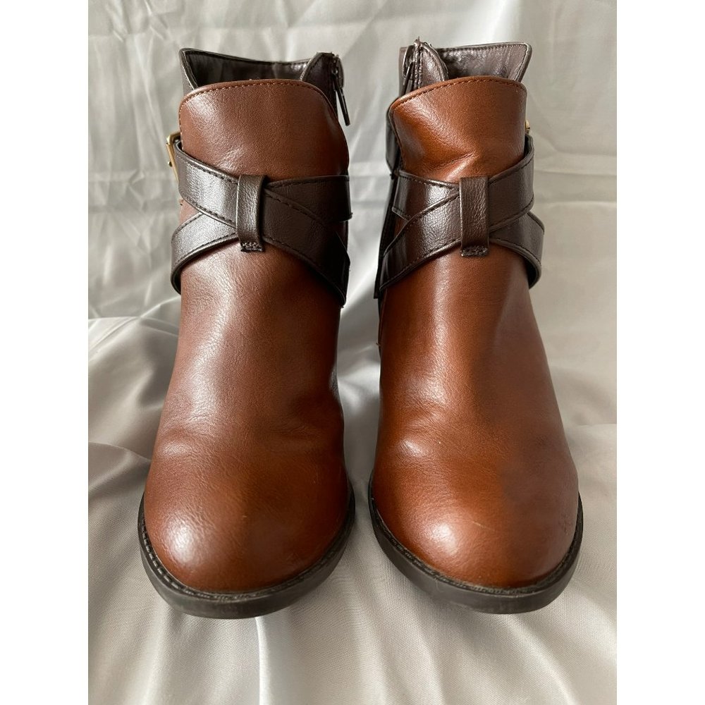 Report Patch 2-Tone Brown Strap Criss Cross Buckle Design Ankle Boots - 6